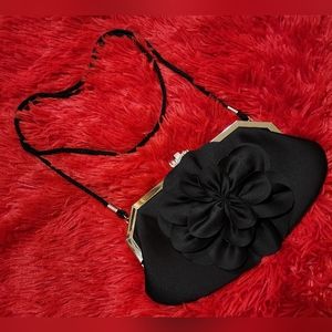 Kate Landry Black Evening Bag Clutch with Flower, Silver Trim & Rhinestones